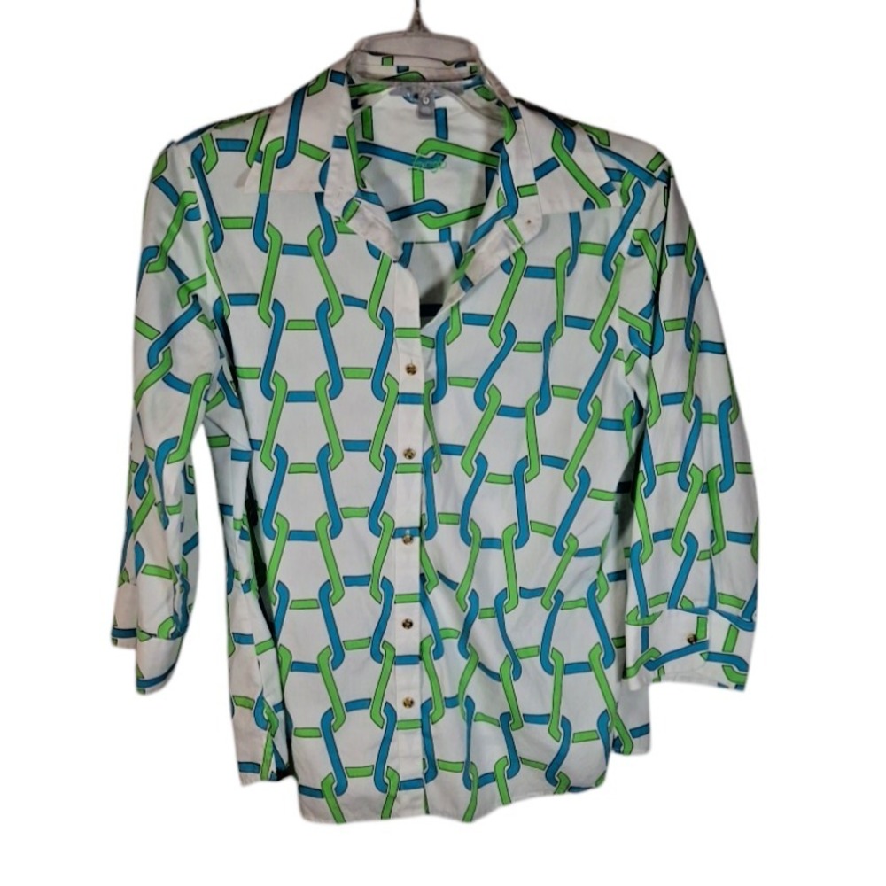 Foxcroft Wrinkle Free Shaped Fit Green & Blue Button Down Women's‎ Shirt Size 6